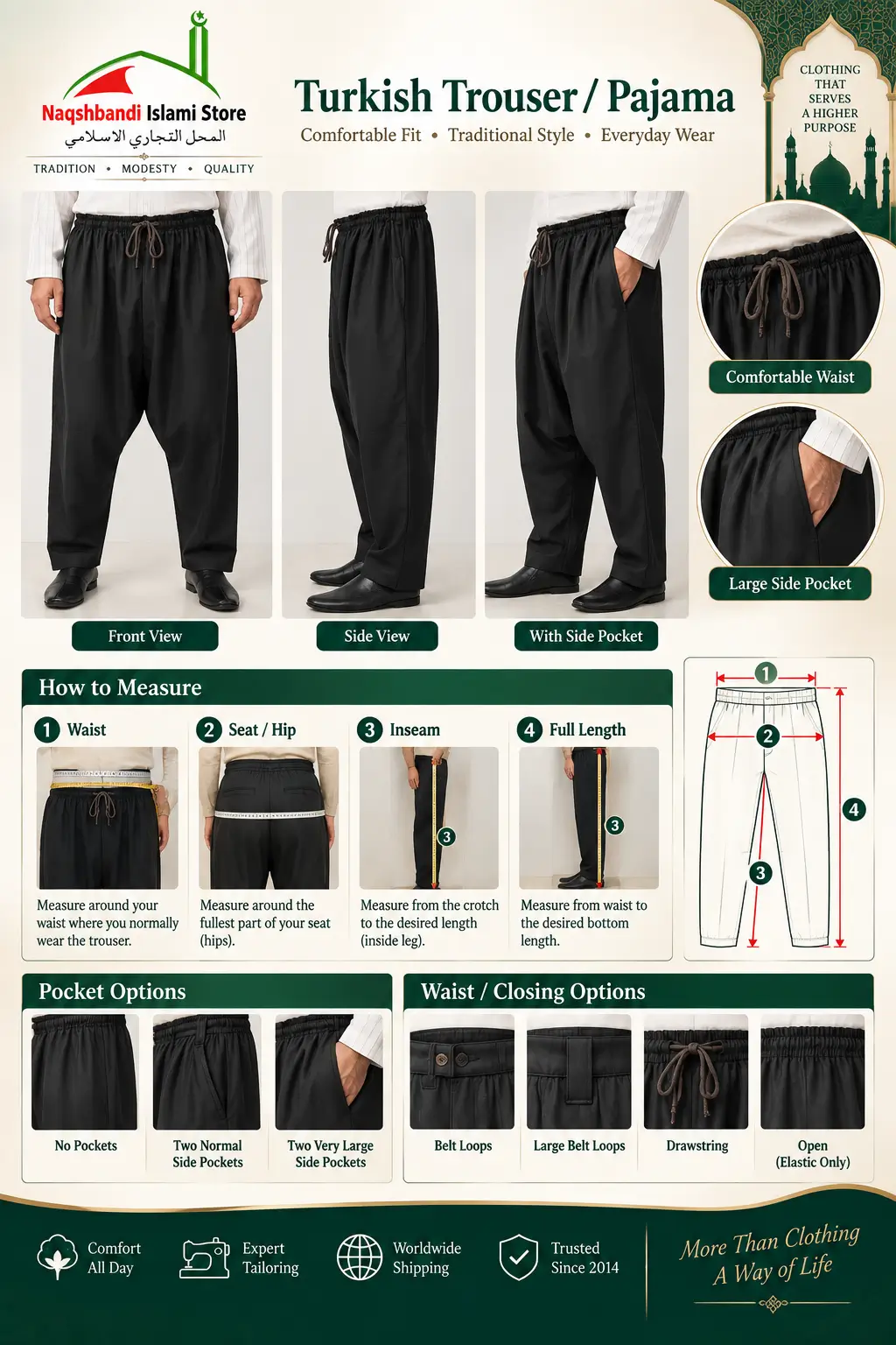 Turkish trouser and pajama measurement guide showing waist, seat, inseam, full length, deep crotch construction, large side pockets, and waistband options.
